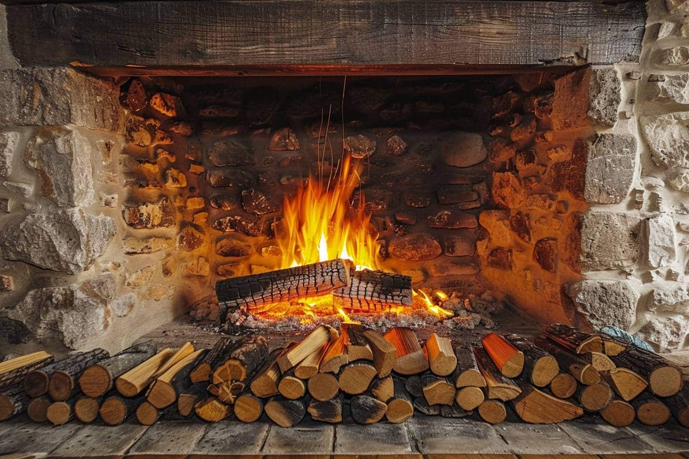 Flammes dans un foyer créant une ambiance chaleureuse  
Bûches embrasées diffusant lumière et chaleur conviviale